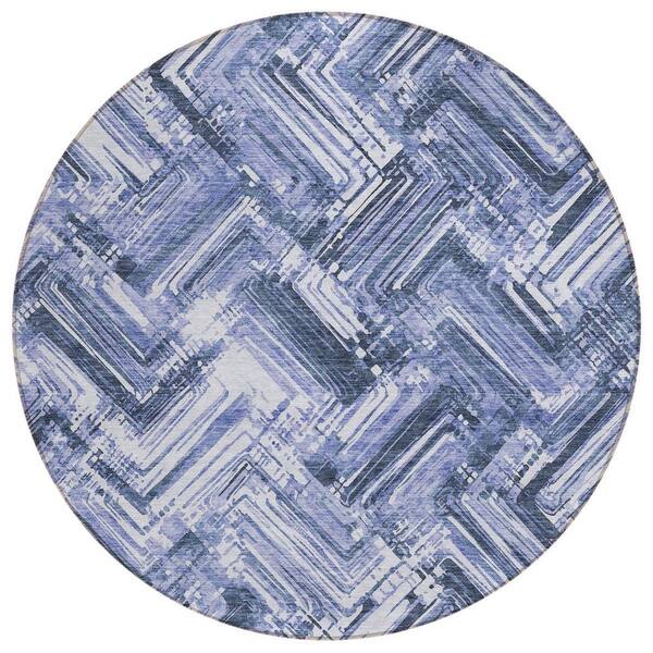Navy Blue, Sky Blue 8 ft. Round Woven Geometric Polyester Round Indoor/Outdoor Area Rug