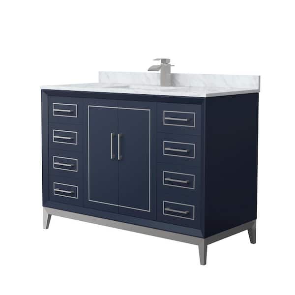 Wyndham Collection Marlena 48 in. W x 22 in. D x 35.25 in. H Single Bath Vanity in Dark Blue with White Carrara Marble Top