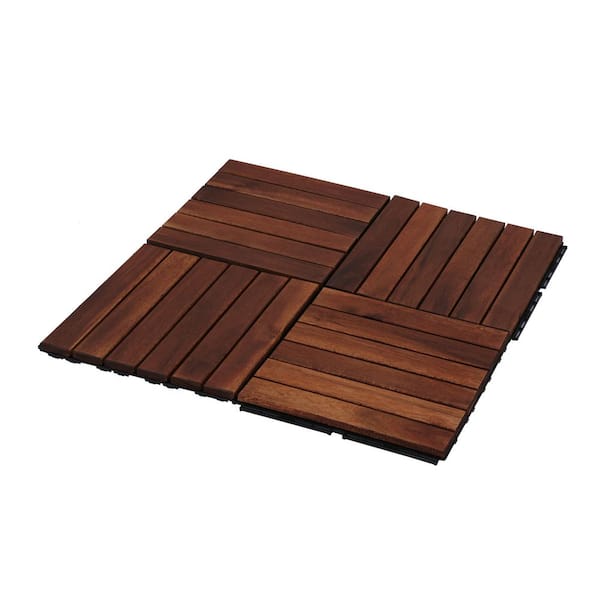 Unbranded 12 in. Square Striped Pattern Interlocking Deck Tiles, Acacia Wood Outdoor Flooring for Patio Deck Pool Side (10-Pack)