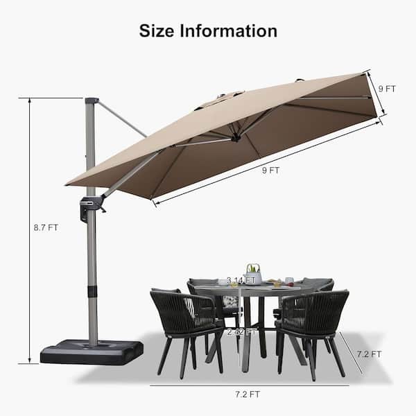 9 ft. Square Outdoor Patio Cantilever Umbrella Light Champagne Aluminum Offset 360° Rotation Umbrella with Base, Taupe