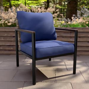 Light Brown Wicker Outdoor Dining Chair Patio Lounge Chair in Steel Frame with Blue Cushions