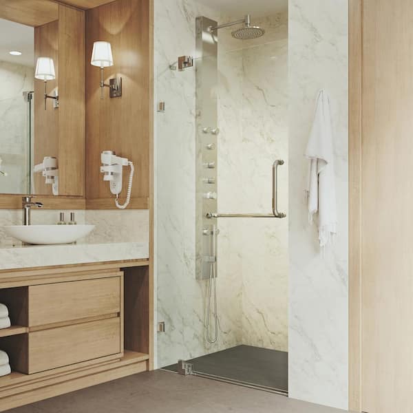 VIGO Pirouette 36 to 42 in. W x 72 in. H Pivot Frameless Shower Door in Brushed Nickel with 3/8 in. (10mm) Clear Glass