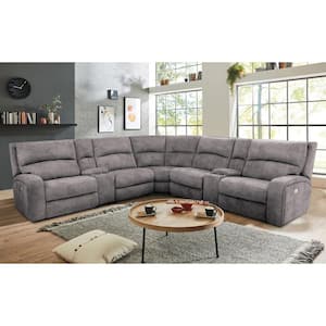 Rinne 129 in. Polyester L-Shaped Power Sectional Sofa in Light Gray with 2 Storage Consoles