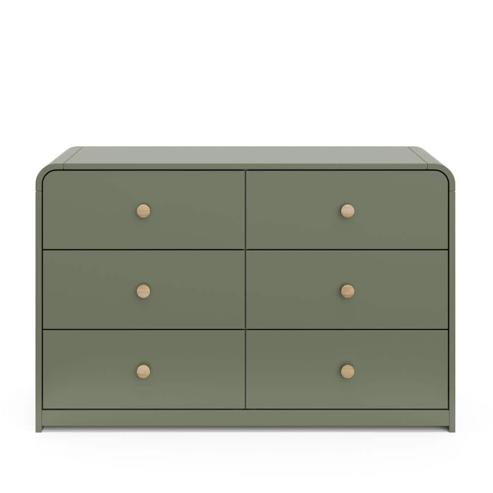 Olive Green 6-Drawer Nursery Dresser with Natural Rubberwood Knobs