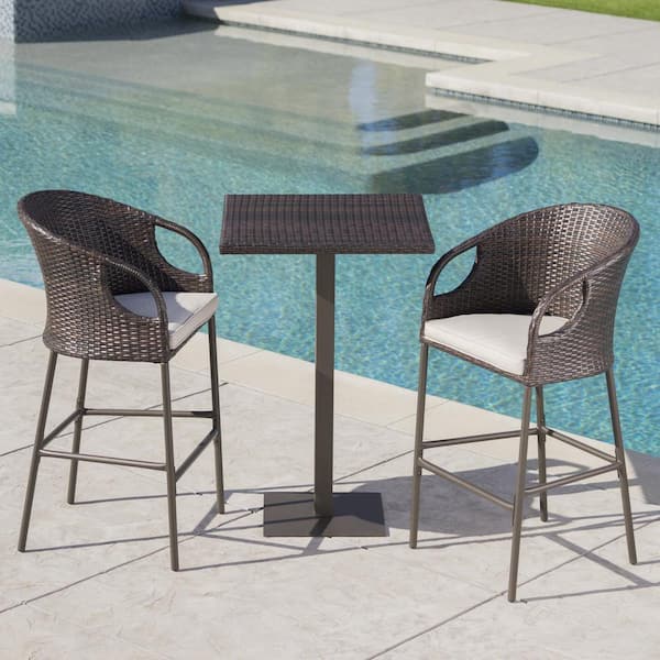 Noble House Dominica Multi-Brown 3-Piece Faux Rattan Square 40 in. Outdoor Serving Bar Set with Light Brown Cushion