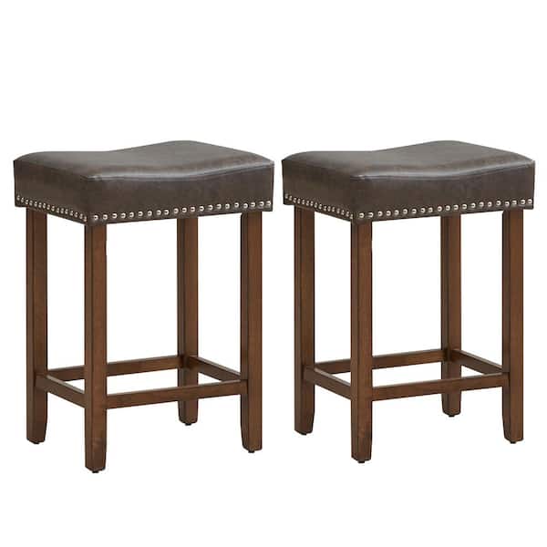 24 in. Gray Backless Wood Bar Stool with PU Seat Set of 2