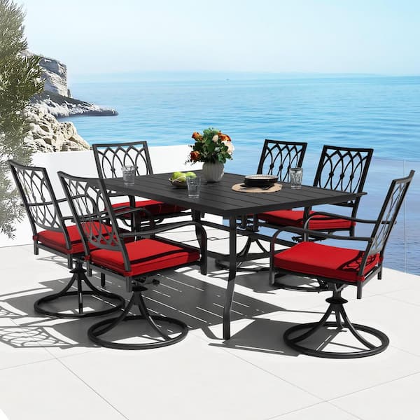Black 7-Piece Metal Rectangle Outdoor Dining Set with Red Cushions and Umbrella Hole, Swivel Chairs