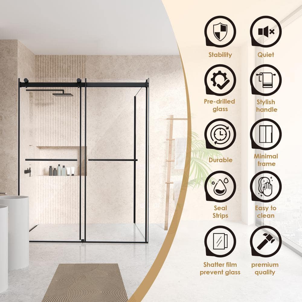 Belizzi 60" Matte Black Frameless Sliding Shower Enclosure