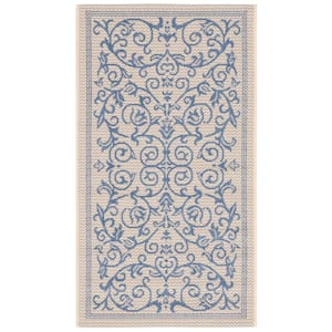 Courtyard Natural/Blue Doormat 2 ft. x 4 ft. Border Indoor/Outdoor Patio Area Rug