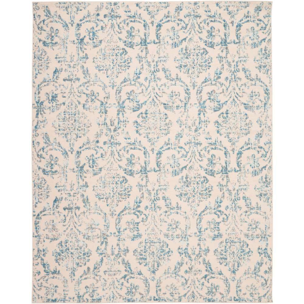 Elegant Ivory and Blue Damask 7' x 10' Synthetic Area Rug