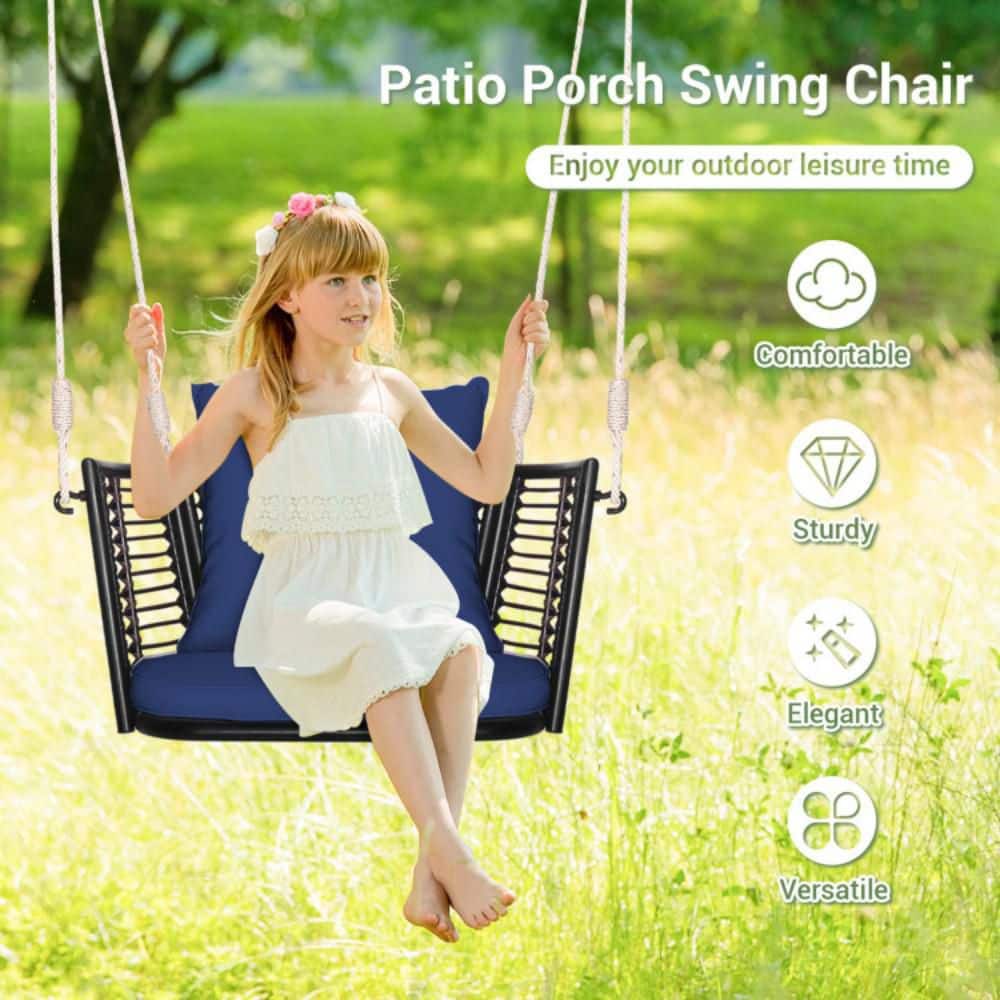 Mix Brown Rattan Hanging Chair with Blue Cushions