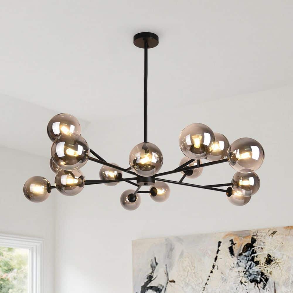 chandelierデスク HUOKU CEDER 15-Light 50.4 in. W Black Chandelier with Smoked Glass