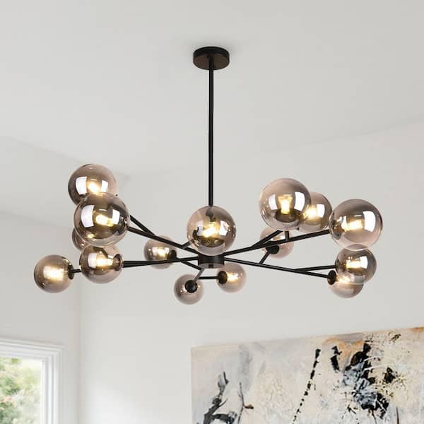 HUOKU CEDER 15-Light 50.4 in. W Black Chandelier with Smoked Glass Sputnik Branch Chandelier for Kitchen