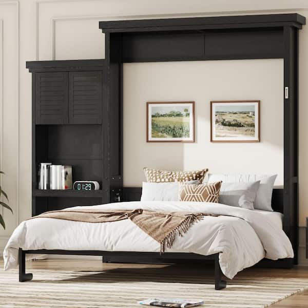Black Wood Frame Queen Murphy Bed with Multiple Storage Shelves and Louvered Style Decoration