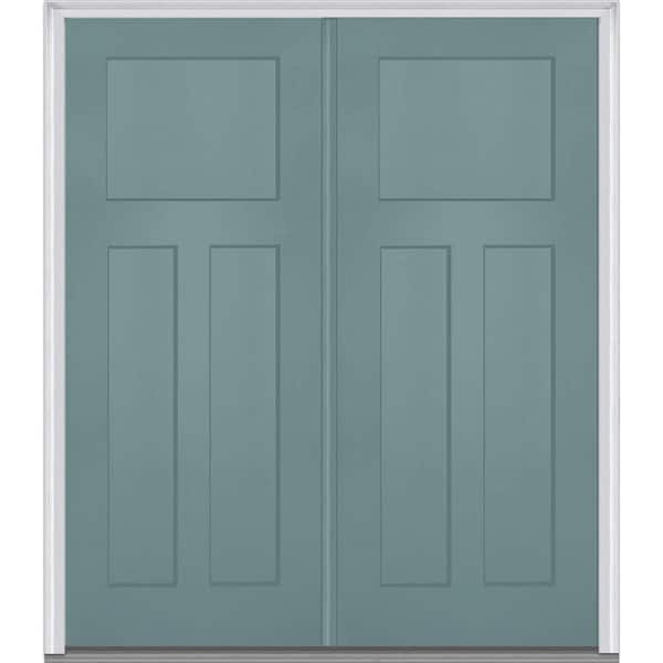 MMI Door 64 in. x 80 in. Classic Right-Hand Inswing Craftsman 3-Panel Painted Fiberglass Smooth Prehung Front Door with Brickmold