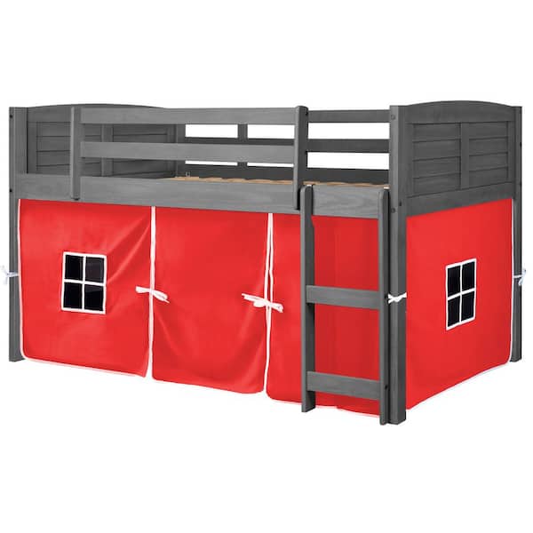 Donco Kids Antique Grey Twin Louver Low Loft Bed with Red Tent Kit