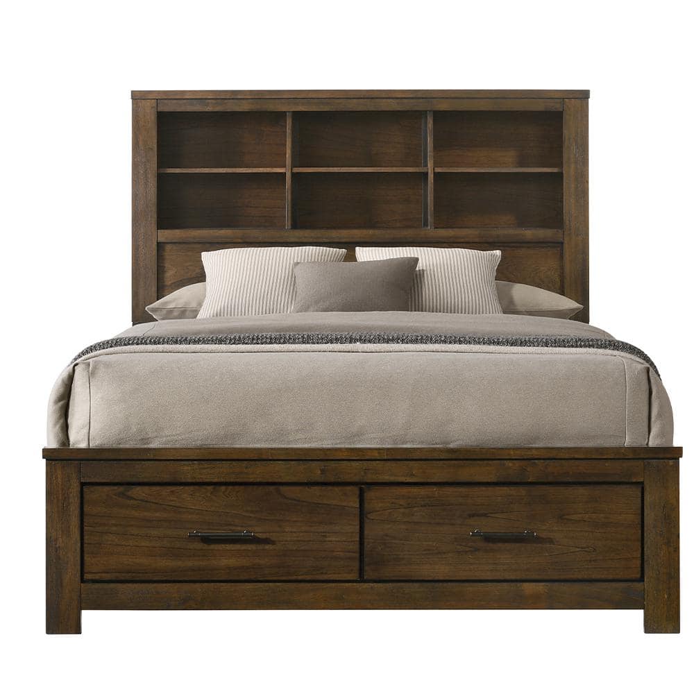 King Oak Wood Frame Bed with Storage Drawers and Headboard