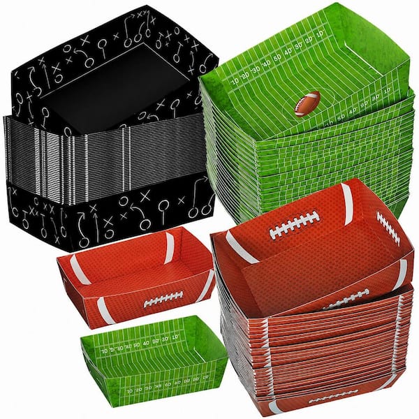 48-Piece Football Themed Paper Food Trays, 3 Patterns, 5 lbs. Capacity, Large 7.5 in. x 6.3 in. x 2.2 in.