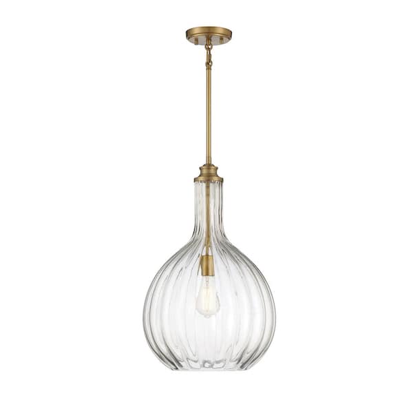 Savoy House Brandon 14 in. W x 22 in. H 1-Light Warm Brass Pendant with Fluted Blown Glass Shade