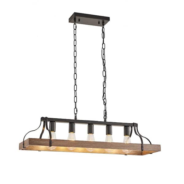 Staykiwi 5 Light Black and Walnut Industrial Farmhouse Island Chandelier with Adjustable Chain Height (Bulbs Not Included)