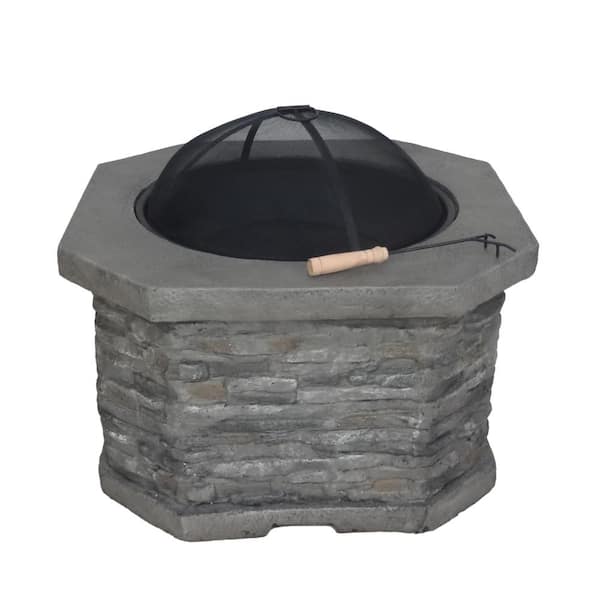 Noble House Santiago 32 in. x 20 in. Octagon Concrete Wood Burning Fire Pit in Grey