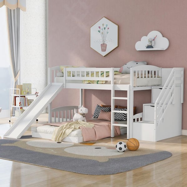 Harper & Bright Designs White Twin over Twin Bunk Bed with Storage Staircases, Slide, and Ladder