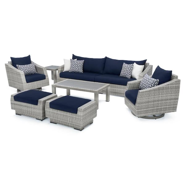 Cannes 8-Piece Wicker Motion Patio Conversation Deep Seating Set with Sunbrella Navy Blue Cushions