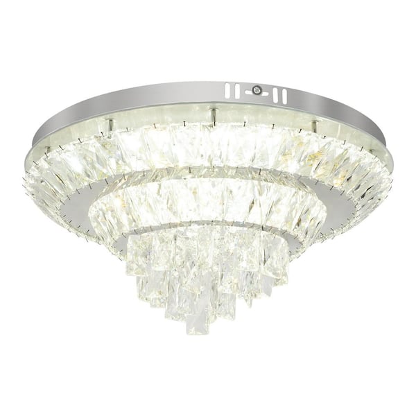 OUKANING 20.86 in. Chrome Modern Dimmable Crystal Flush Mount Ceiling Light with Remote for Bedroom Living Room Dining Room