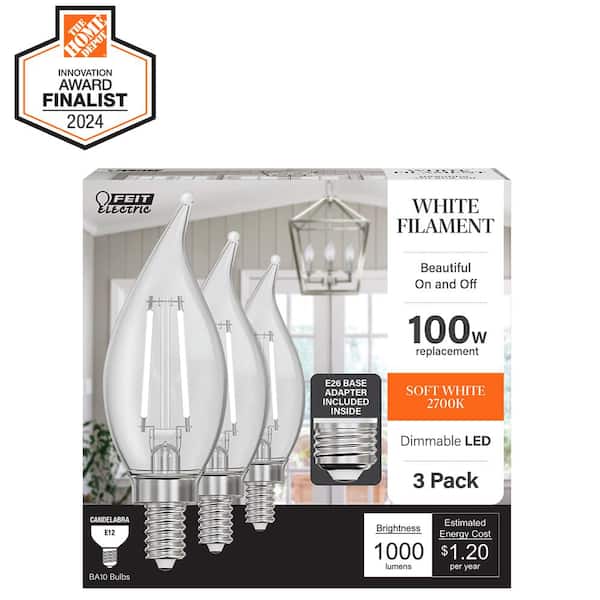 100W Equivalent BA10 E12/E26 Candelabra Dimmable White Filament Clear Chandelier LED Light Bulb, Soft White 2700K 3-Pack