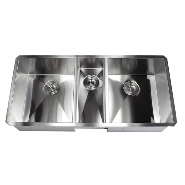 Kingsman Hardware Undermount Stainless Steel 42 in. x 20 in. x 10 in. Deep 16-Gauge Triple Bowl 40/20/40 Zero Radius Kitchen Sink