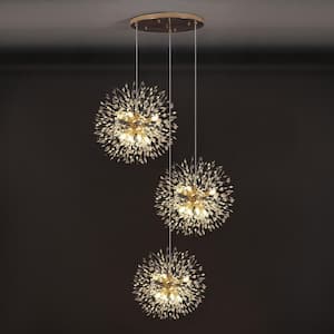 Calzada Decor 24-Light Gold Dandelion Firework Chandelier, 3- Globe Pendant Ceiling Lighting