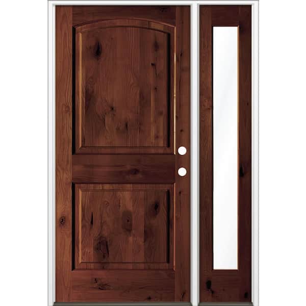 50 in. x 80 in. Knotty Alder 2-Panel Arch Left-Hand/Inswing Clear Glass Red Mahogany Stain Wood Prehung Front Door RFSL