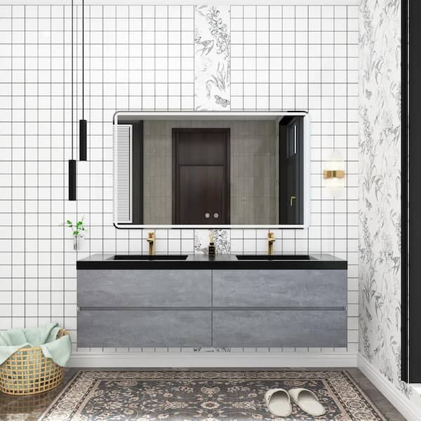 Unbranded 72 in. W x 20 in. D Double Sink Wall-Mounted Bathroom Vanity in Cement Grey with Matte Black Quartz Sand Top