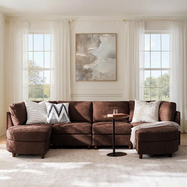 Gianna 125 in. Slope Arm Polyester Modular Modern Under-Seat Storage Sectional Sofa with Integrated Table in Auburn