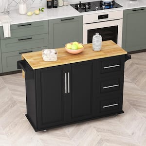 Black Kitchen Cart with Drawers Locking Casters Spice Rack Wheels Drop Leaf