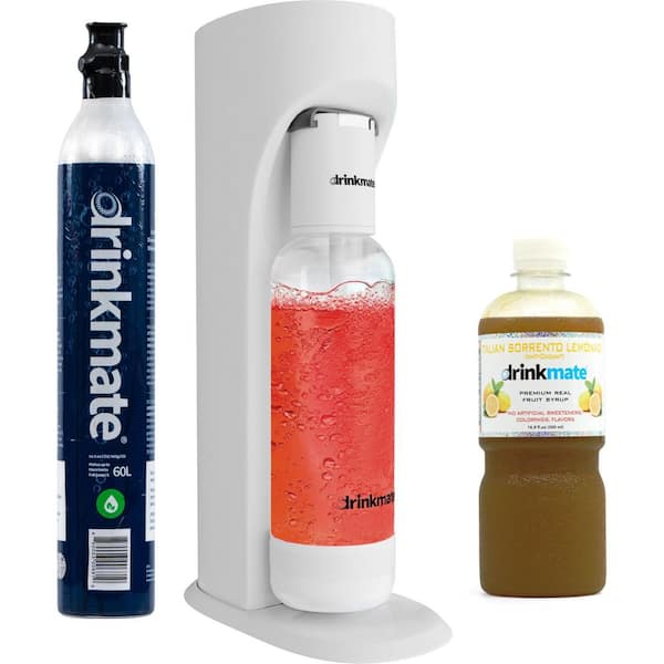 White Sparkling Water and Soda Maker Machine Sparkle Up Bundle with 1 60L CO2 Cartridges and 1 Lemonade Syrup