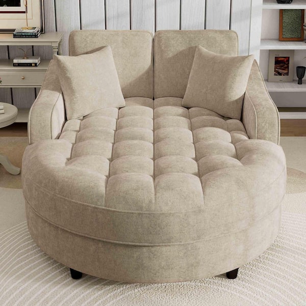 55 in. Rolled Arm Chenille Rectangle with Tufted Seat and Detachable Pillows Sofa in Champagne