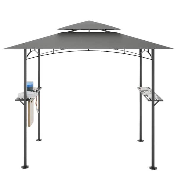 Zeus & Ruta 8 ft. x 5 ft. Brown Steel 2-Tier Grill Gazebo with Gray Canopy