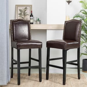 45 in.H Brown Bonded Leather High-back Barchair with Studded Decor (Set of 2)