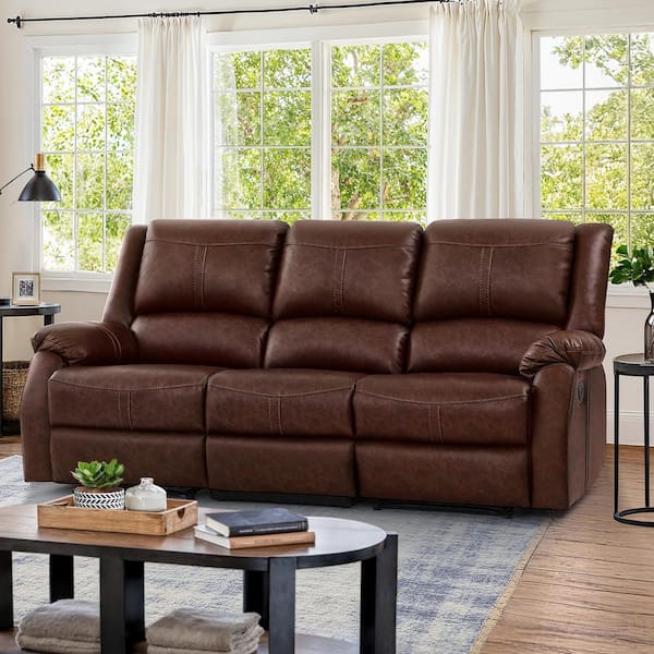 Jackson 80.7 in. W Rolled Arm Leather Upholstered 3-Seater Push Back Rectangle Recliner Sofa in Brown