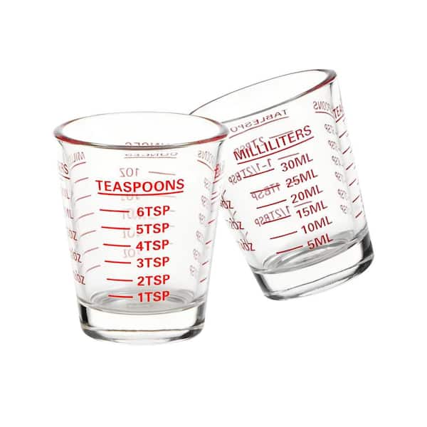 1 oz. Glass Measuring Cup for Measuring Liquids in Kitchens, for Espresso, and Other Kitchen Tasks, Clear Red (2-Pack)