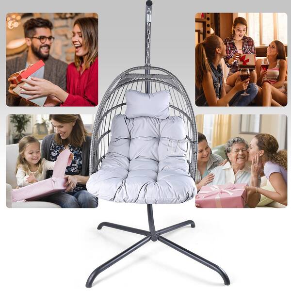 Unbranded Outdoor Wicker Rattan Patio Porch Swing, Swing Egg Chair with Stand,C Type Bracket,Gray Cushions,Pillow and Cup Holder