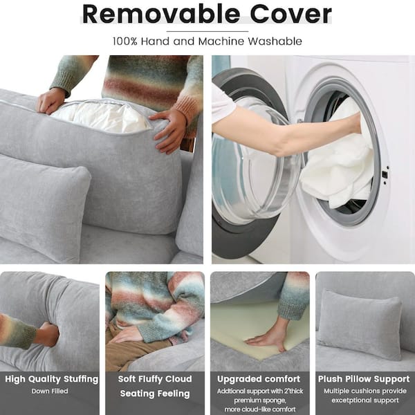 Oversized 119 in. Flared Arm Down Filled Gray Plush Linen Modular L-shaped Cloud Couch Sofa with Ottoman, Washable Cover