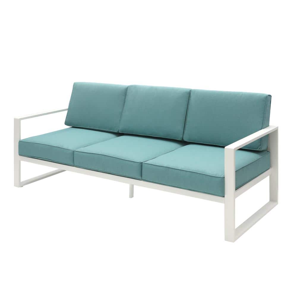 Metal Outdoor Sectional Set with Light Green Cushions Couch White Metal Cha