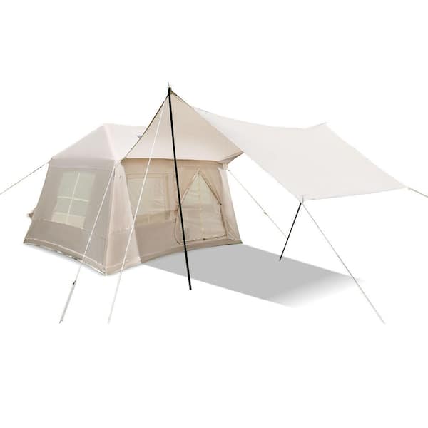 7.2 ft. x 8.5 ft. Beige Inflatable Camping Tent Windproof Outdoor Cotton Tent with Stove Jack & Mesh Windows & Pump