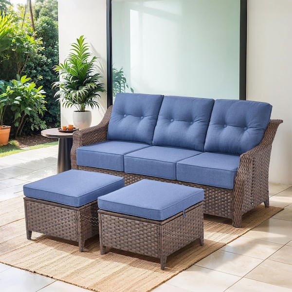 Circle Brown 3-Piece Wicker Outdoor Couch Patio Sofa with Multifunctional Ottomans and 6 in. Olefin Blue Cushions