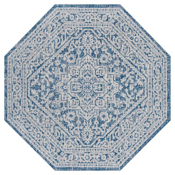 Sinjuri Medallion Textured Weave Navy/Gray 8 ft. Octagon Indoor/Outdoor Area Rug