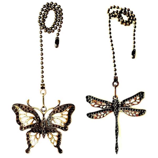 12 in. Bronze Ceiling Fan Pull Chains with Connector Dragonfly and Butterfly Set 2-Pack