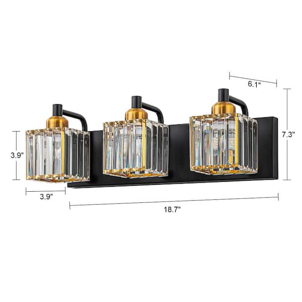 Orillia 18.7 in. 3-Light Black Gold Bathroom Vanity Light with Crystal Shades