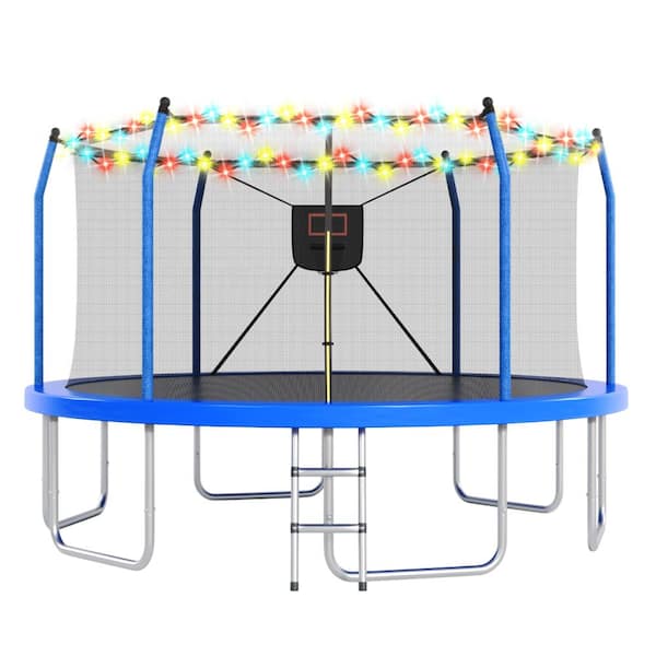 Blue Steel Outdoor 14 FT Trampoline with Lights and Basketball Hoop for Kids and Adults